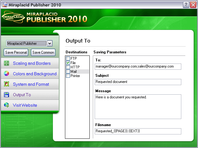 Miraplacid Publisher Output To: Mail