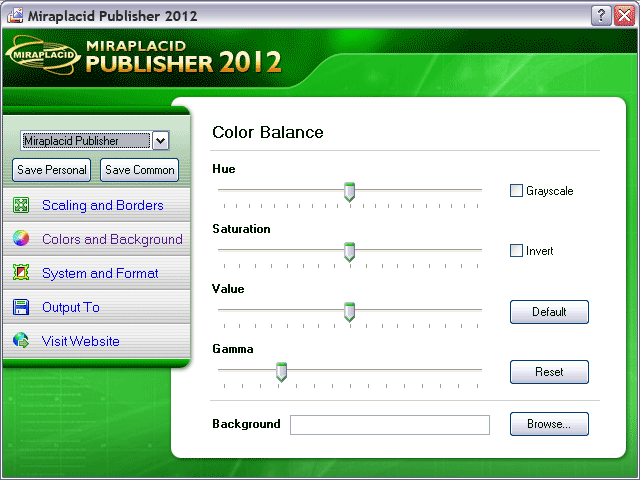 Miraplacid Publisher Colors and Background Settings