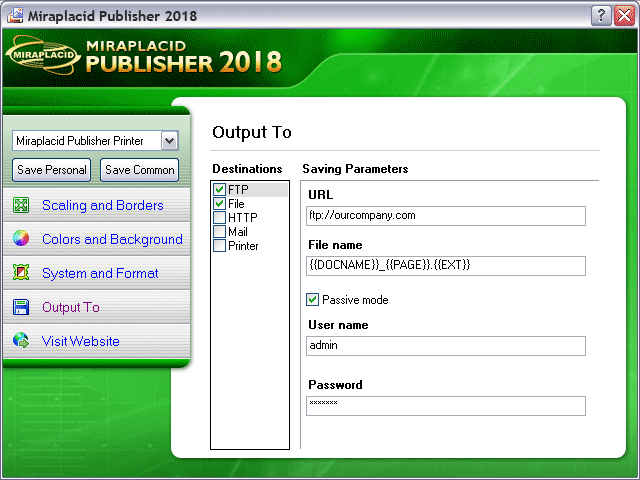 Miraplacid Publisher Output To: FTP