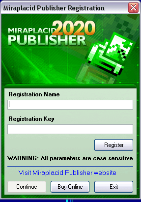 Miraplacid Publisher : Registration Dialog