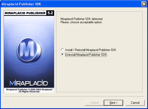 Miraplacid Publisher SDK : Uninstallation Step 1/2