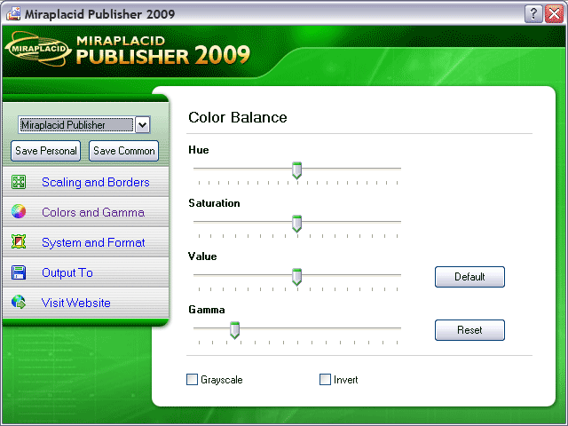 Miraplacid Publisher Colors and Gamma Settings