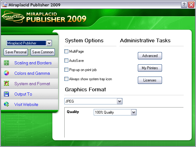Miraplacid Publisher System and Format Settings