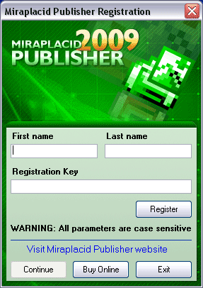 Miraplacid Publisher : Registration Dialog