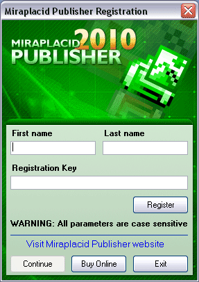 Miraplacid Publisher : Registration Dialog