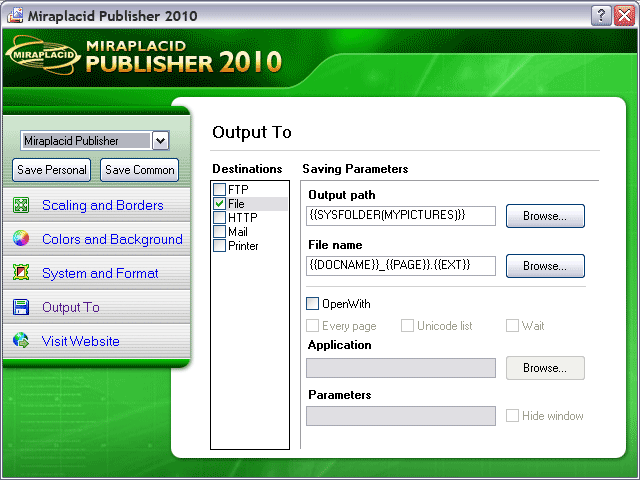 Miraplacid Publisher Output To: File