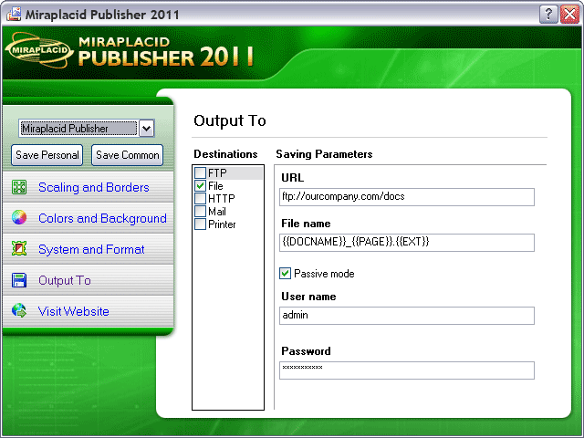 Miraplacid Publisher Output To: FTP