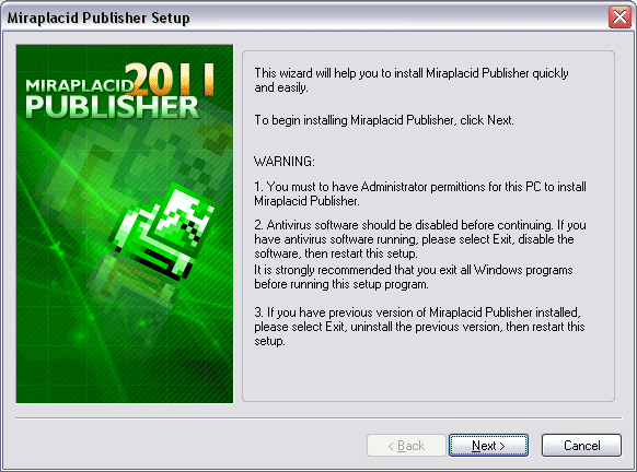 Miraplacid Publisher : Installation Step 1/5