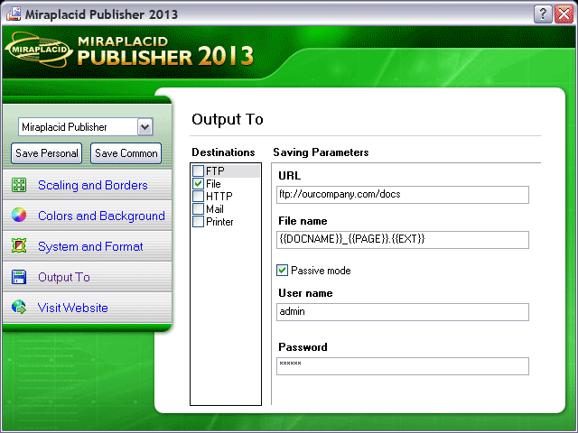 Miraplacid Publisher Output To: FTP