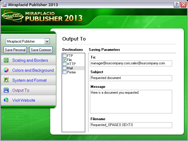 Miraplacid Publisher Output To: Mail