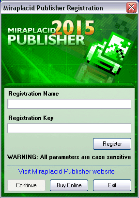 Miraplacid Publisher : Registration Dialog