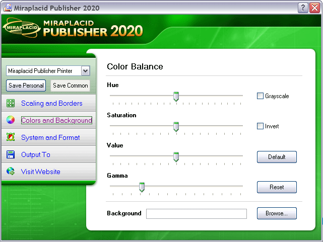 Miraplacid Publisher Colors and Background Settings