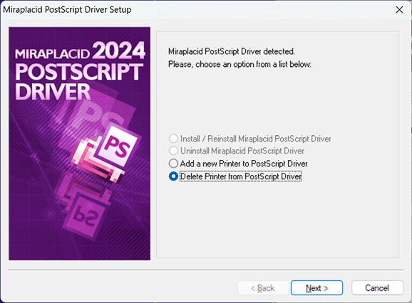 Miraplacid PostScript Driver : DeletePrinter Step 1/2