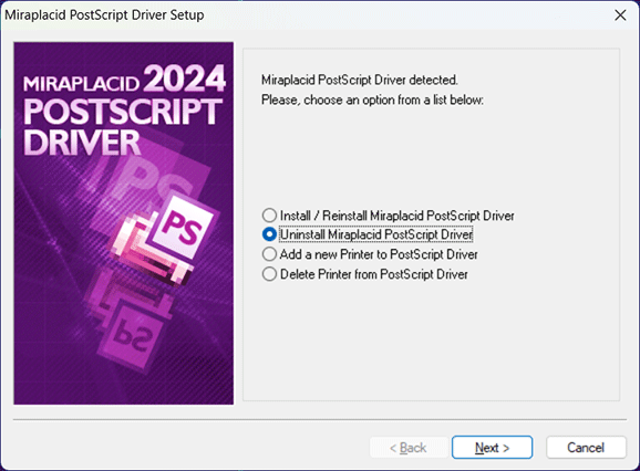 Miraplacid PostScript Driver : Uninstallation Step 1/2
