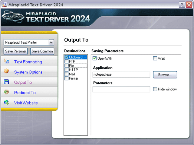 Miraplacid Text Driver Output To: Clipboard