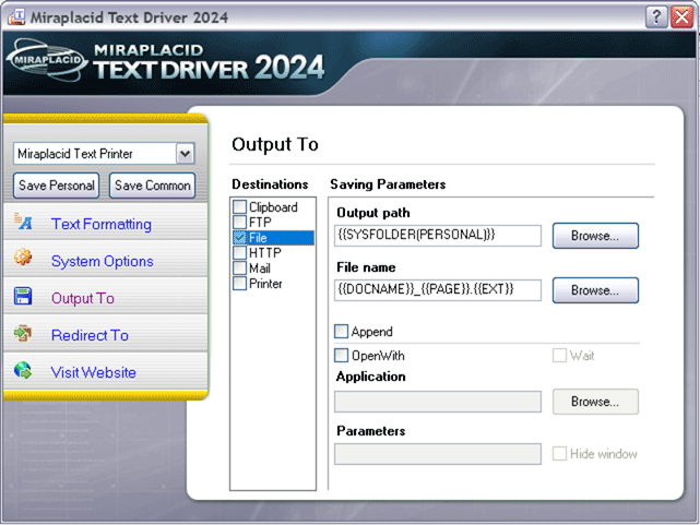 Miraplacid Text Driver Output To: File