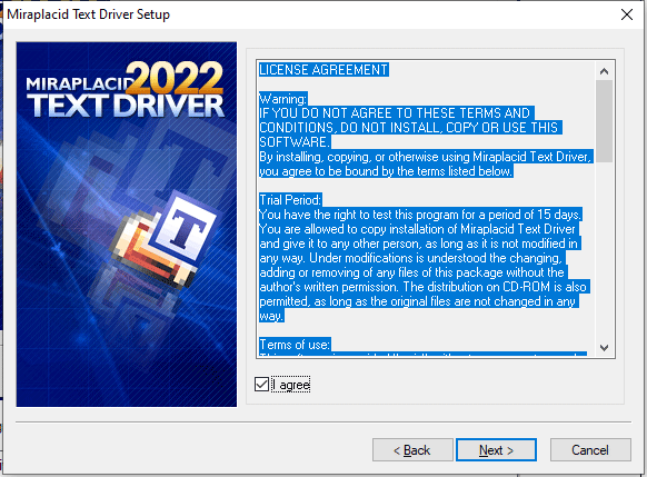 Miraplacid Text Driver : Installation Step 3/5