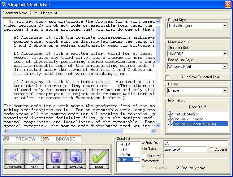 Miraplacid Text Driver : Text Extraction : MTD Dialog