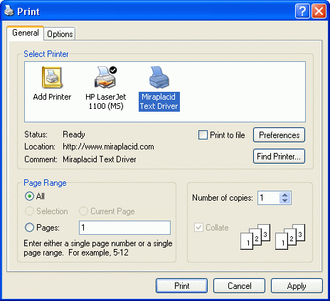 Miraplacid Text Driver : Text Extraction : Print Dialog