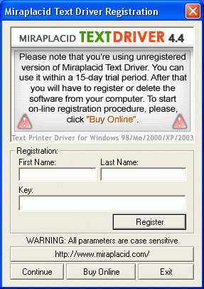 Miraplacid Text Driver : Registration Dialog