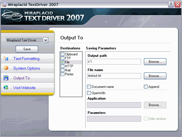 Miraplacid Text Driver Output To: File