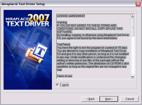 Miraplacid Text Driver : Installation Step 2/5