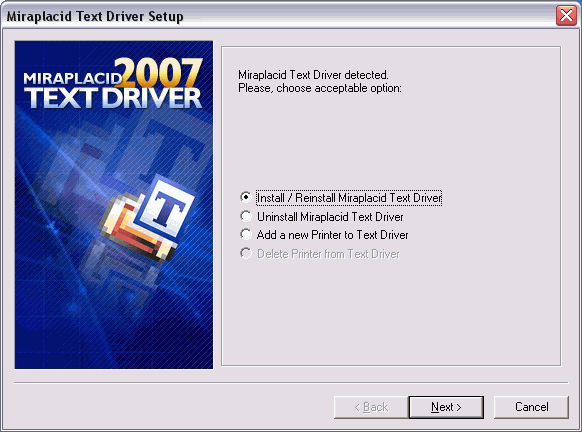 Miraplacid Text Driver : Reinstallation Step 1/2