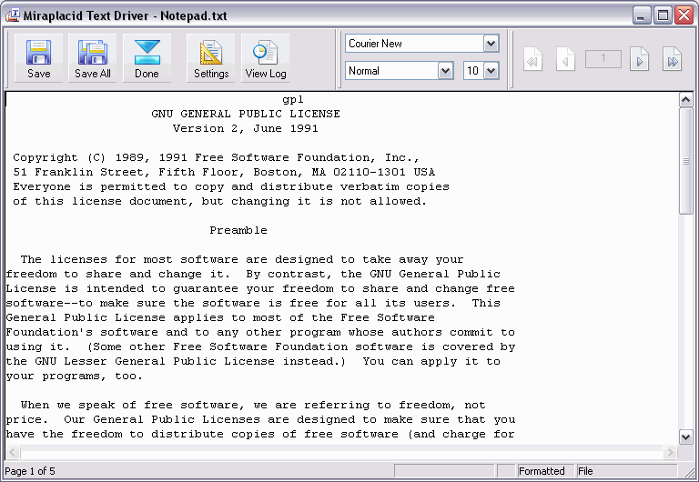 Miraplacid Text Driver Main Window