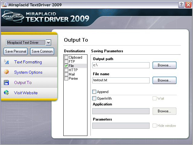 Miraplacid Text Driver Output To: File