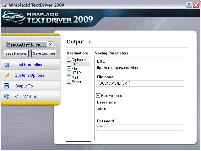 Miraplacid Text Driver Output To: FTP