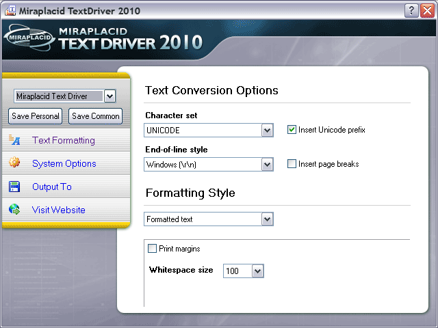 Miraplacid Text Driver Text Formatting Settings