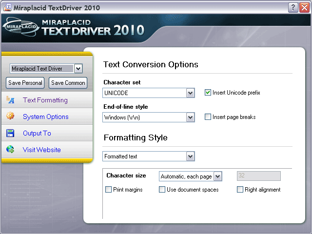 Miraplacid Text Driver Text Formatting Settings