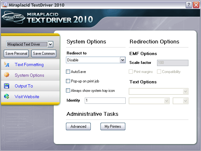 Miraplacid Text Driver System Settings