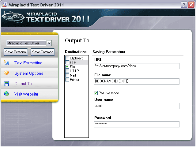 Miraplacid Text Driver Output To: FTP