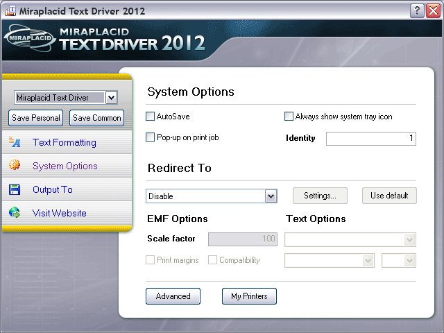 Miraplacid Text Driver System Settings