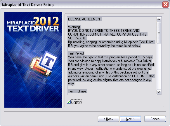 Miraplacid Text Driver : Installation Step 2/5