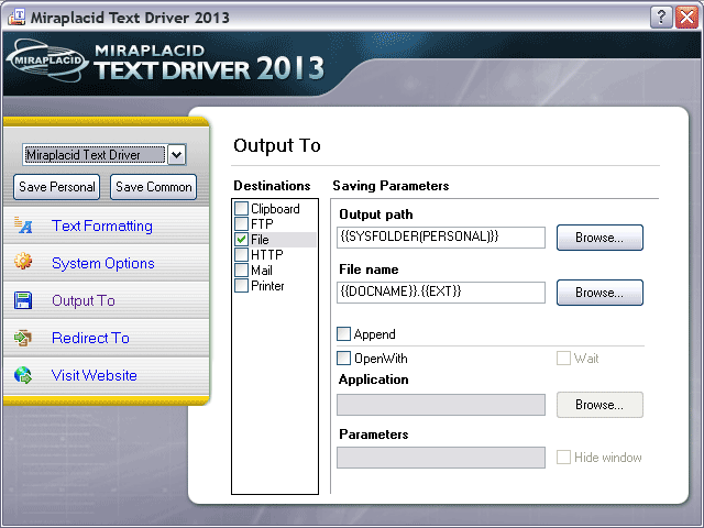 Miraplacid Text Driver Output To: File