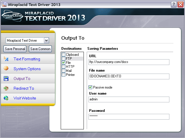 Miraplacid Text Driver Output To: FTP