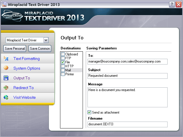 Miraplacid Text Driver Output To: Mail