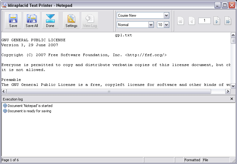 Miraplacid Text Driver Log Window