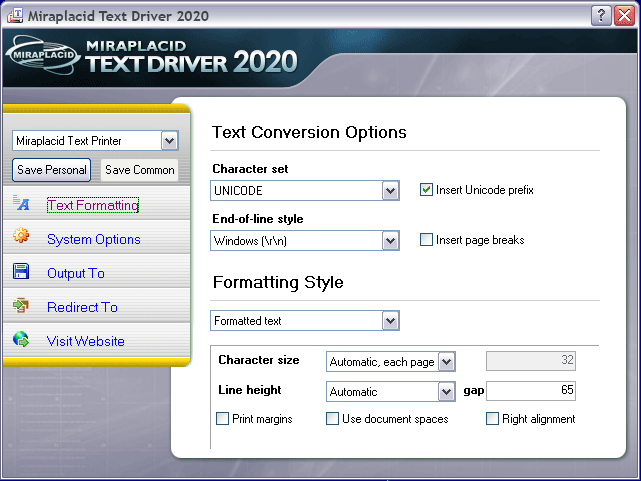 Miraplacid Text Driver Text Formatting Settings