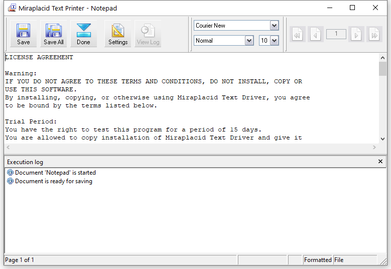 Miraplacid Text Driver Log Window