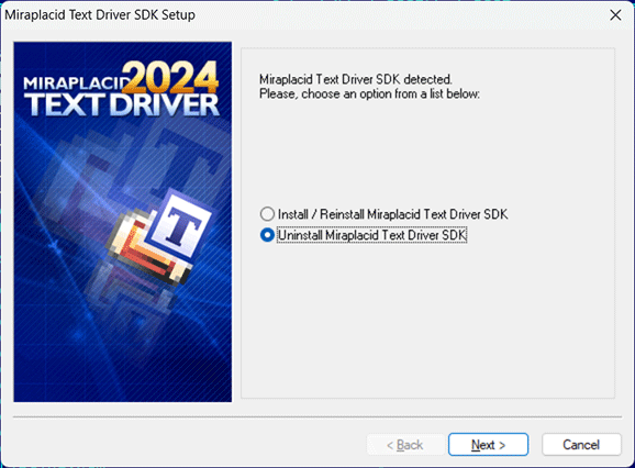 Miraplacid Text Driver : Uninstallation Step 1/2