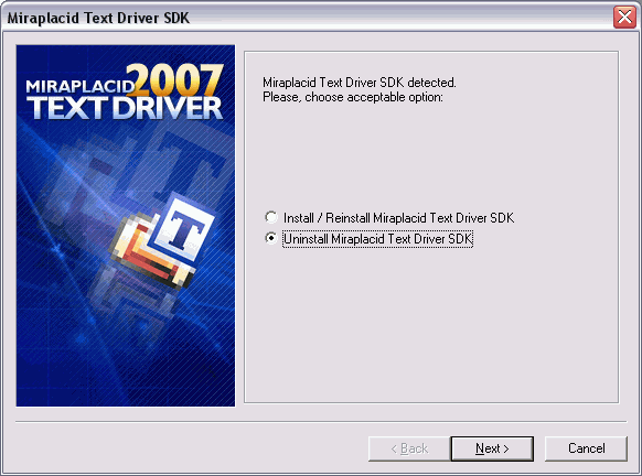 Miraplacid Text Driver : Uninstallation Step 1/2