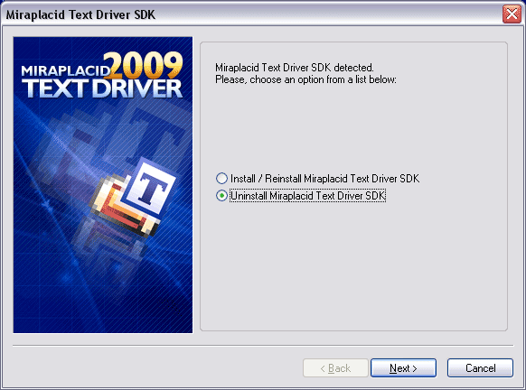 Miraplacid Text Driver : Uninstallation Step 1/2