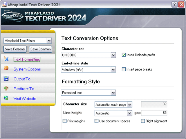 Miraplacid Text Driver Text Formatting Settings