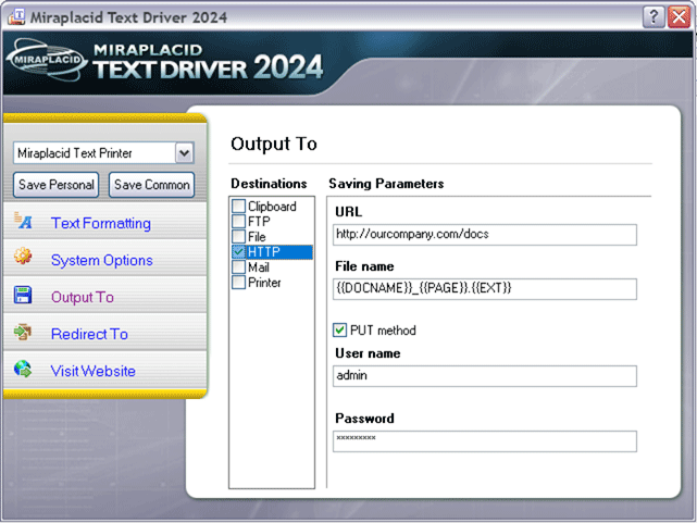 Miraplacid Text Driver Output To: HTTP