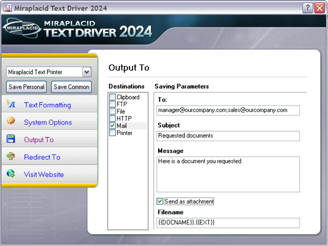 Miraplacid Text Driver Output To: Mail