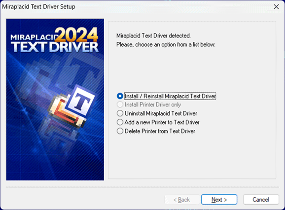 Miraplacid Text Driver : Reinstallation Step 1/3