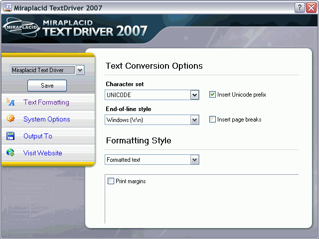 Miraplacid Text Driver Text Formatting Settings